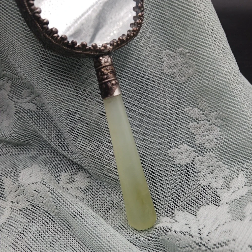 Chinese Handheld Jade Handle Mirror Antique 1920s Porcelain with metal repoussé